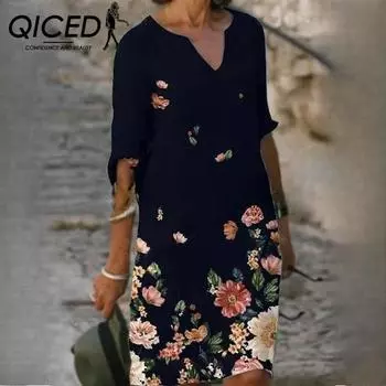 QICED Летние женские свободные платья из бамбукового волокна с цветочным принтом и короткими рукавами в винтажном литературном стиле с V-образным вырезом и рукавами Five Points S белый