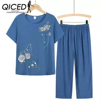 QICED Летний комплект из двух предметов для женщин среднего и пожилого возраста: Мамин наряд, бабушкина футболка с короткими рукавами и топ, а также пижама старушки XL