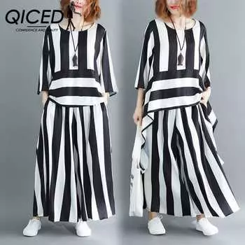 QICED Летний комплект из свободного свитера и широких брюк в художественную асимметричную полоску для женщин One Size