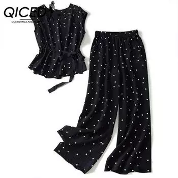 QICED Летний модный комплект из двух предметов из шифона, утягивающий талию, утягивающий, топ в горошек и широкие брюки M