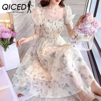 QICED Летнее чайное перерыв французская тушь живопись талия утягивающее темперамент леди белое шифоновое платье для женщин S