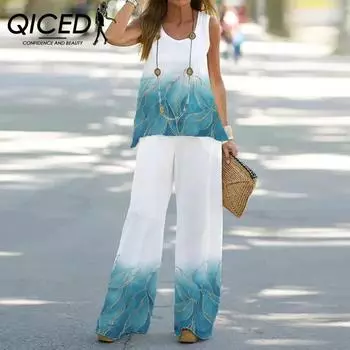 QICED Летний повседневный женский комплект из двух предметов: топ без рукавов с принтом и свободные брюки с высокой талией S