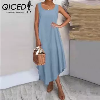 QICED Летний сарафан из хлопка и льна, однотонное свободное платье с пуговицами нестандартной формы, длинная юбка