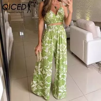 QICED Летний сексуальный комплект из бюстгальтера и брюк с принтом на бретелях и подушечкой на груди