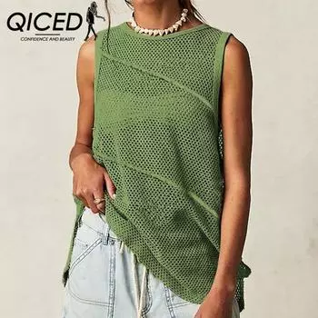 QICED Летний свитер с лямкой через шею, однотонный, с круглым вырезом, модная женская одежда S хаки