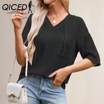 QICED Летний свободный свитер с капюшоном, женский однотонный ажурный топ для женщин S абрикосовый