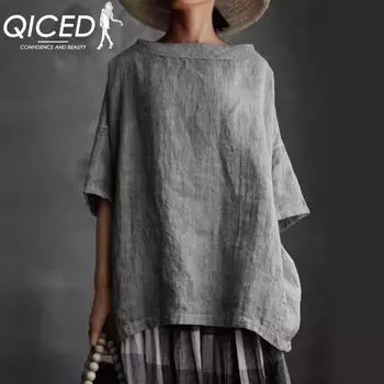 QICED Летний топ тканый хлопок с круглым вырезом из конопли ветер однотонная свободная женская футболка
