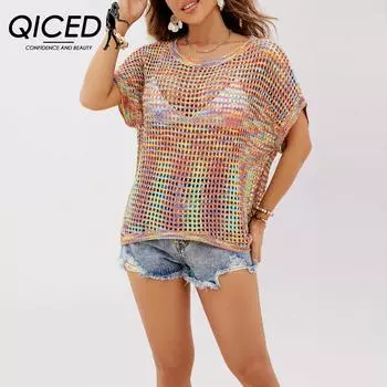 QICED Летний вязаный крючком трикотаж свободного покроя большого размера с рукавами «летучая мышь» S