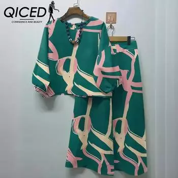 QICED Летний женский повседневный комплект одежды: Верх в стиле бохо, брюки свободного покроя, комплект из 2 предметов S