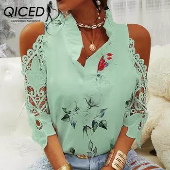 QICED Летняя женская футболка с цветочным принтом и открытыми плечами в стиле пэчворк с длинным рукавом для женщин S зелёный
