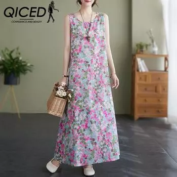 QICED Летний женский жилет большого размера в стиле ретро без рукавов с литературным принтом, тонкий хлопковый лен, толстый мм, платье-жилет, женское