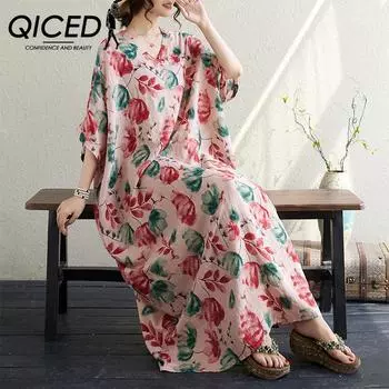 QICED Летняя длинная юбка больших размеров в художественном цвете в праздничном стиле для путешествий с v-образным вырезом в стиле ретро, свободное хлопково-льняное платье с мясным чехлом