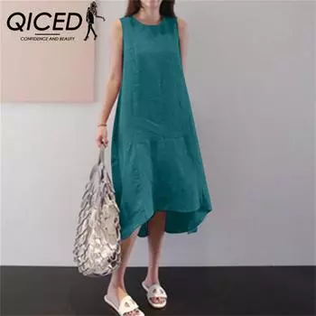 QICED Летняя длинная юбка с круглым вырезом без рукавов, большой размер, однотонный длинный свободный жилет, хлопковое льняное платье для женщин S жёлтый