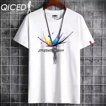 QICED Летняя футболка с короткими рукавами, мужская футболка с круглым вырезом и трендовым низом S белый