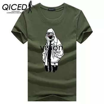 QICED Летняя футболка с короткими рукавами, мужская футболка с круглым вырезом и трендовым низом S белый