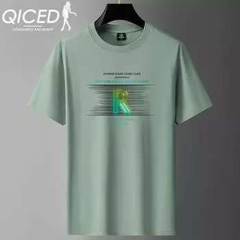 QICED Летняя футболка с короткими рукавами, мужская футболка с круглым вырезом и трендовым низом S белый