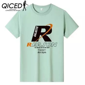 QICED Летняя футболка с короткими рукавами, мужская футболка с круглым вырезом и трендовым низом S белый