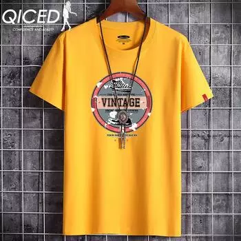 QICED Летняя футболка с короткими рукавами, мужская футболка с круглым вырезом и трендовым низом S белый