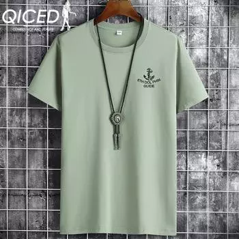 QICED Летняя футболка с короткими рукавами, мужская футболка с круглым вырезом и трендовым низом S белый