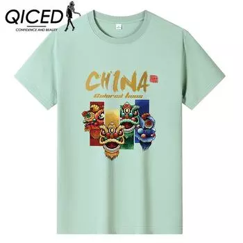 QICED Летняя футболка с короткими рукавами, мужская футболка с круглым вырезом и трендовым низом S белый