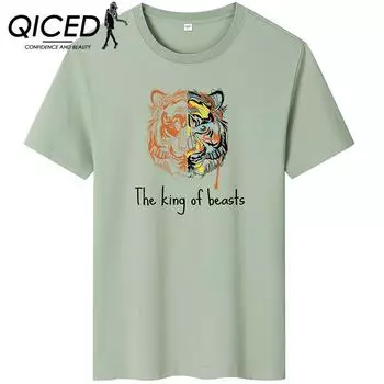 QICED Летняя футболка с короткими рукавами, мужская футболка с круглым вырезом и трендовым низом S белый