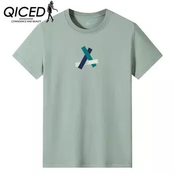 QICED Летняя футболка с короткими рукавами, мужская футболка с круглым вырезом и трендовым низом S белый
