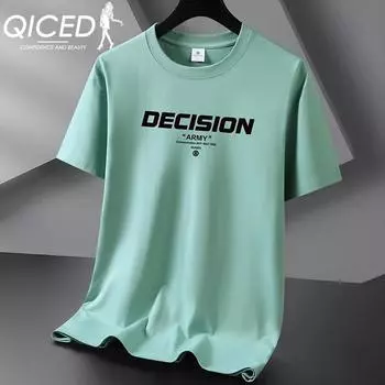 QICED Летняя футболка с короткими рукавами, мужская футболка с круглым вырезом и трендовым низом S белый