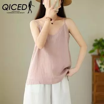 QICED Летняя легкая и мягкая тонкая льняная маленькая слинг из чистого льна с V-образным вырезом и художественным жилетом-слингом M