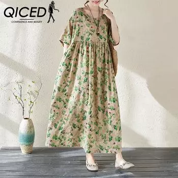 QICED Летняя литературная ретро-юбка больших размеров Fat MM Plus Fat Plus с короткими рукавами и принтом