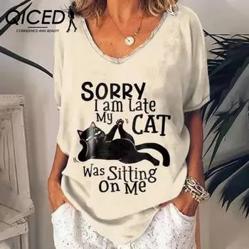 QICED Летняя модная женская футболка с V-образным вырезом, повседневная, свободная, 3D-печать S