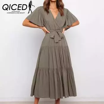 Летнее платье QICED с V-образным вырезом, короткими рукавами, длинной юбкой и шнуровкой на талии в стиле бохо S чёрный