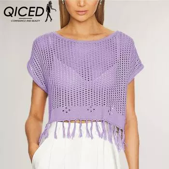 QICED Летняя однотонная футболка, пляжный трикотажный топ с круглым вырезом S фиолетовый