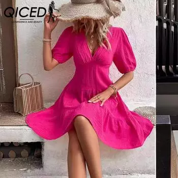 QICED Летняя однотонная тонкая юбка с v-образным вырезом и средними рукавами, женское платье S