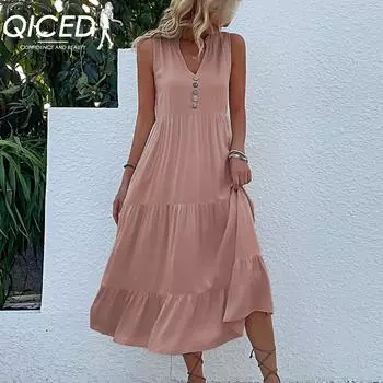 QICED Летняя плиссированная юбка без рукавов Свободное длинное платье с v-образным вырезом S бордовый