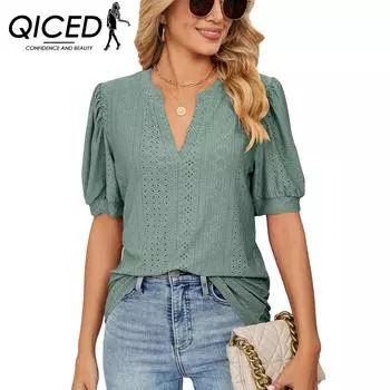 QICED Летняя повседневная однотонная свободная футболка с v-образным вырезом и полыми рукавами-пузырьками, женский топ S чёрный