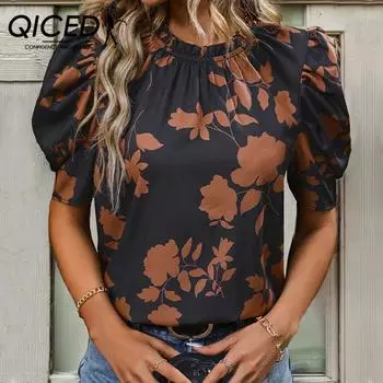 QICED Летняя рубашка с круглым вырезом с принтом и подковообразными рукавами, элегантный женский топ темперамента S чёрный