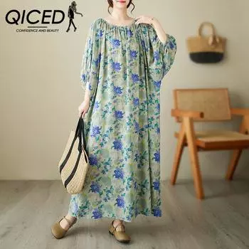 QICED Летняя винтажная универсальная длинная юбка из литературного хлопка и льна с круглым вырезом и принтом, облегающее праздничное платье большого размера со свободным покрытием Uniform size лавандовый