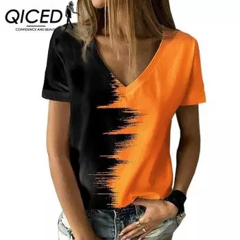 QICED летняя женская футболка большого размера с цветным контрастным топом и v-образным вырезом, с короткими рукавами