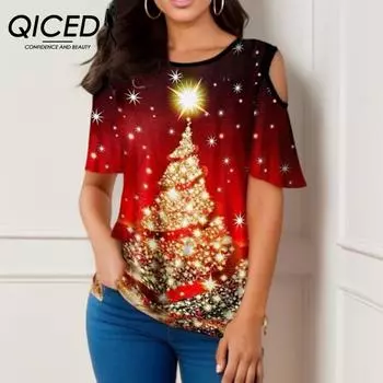 QICED Летняя женская футболка с принтом рождественской елки и коротким рукавом, свободная, с круглым вырезом S зелёный