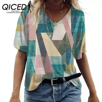 QICED, летняя женская мода, модная повседневная женская футболка с 3D цифровым принтом и v-образным вырезом, топ S