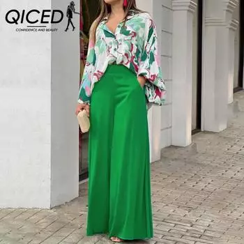 QICED Летняя женская рубашка с принтом, свободная и дышащая, стильные брюки, модный и повседневный комплект S