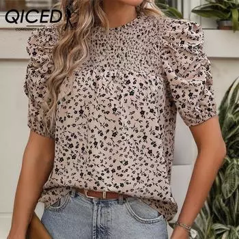 QICED Летняя женская рубашка в винтажном стиле с принтом «Нога ягненка» и рубашкой с круглым вырезом S абрикосовый