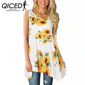 QICED Летняя женская футболка свободного кроя без рукавов с принтом и круглым вырезом S розовый