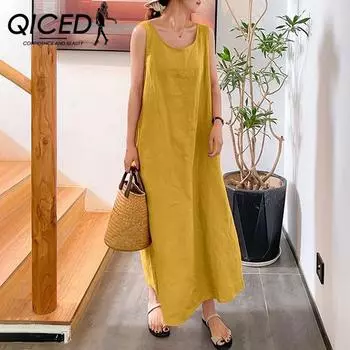 QICED Лето Длинный Вариант Бретелька Хлопок Конопля Простой Ветер Свободный Карман Круглый Вырез Темперамент Без Рукавов Платье Женщин S розовый