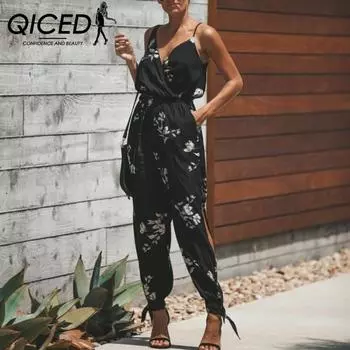 QICED Лето-Осенний сексуальный комбинезон с открытой спиной, шнуровкой, глубоким v-образным вырезом и длинным хлопковым комбинезоном S чёрный