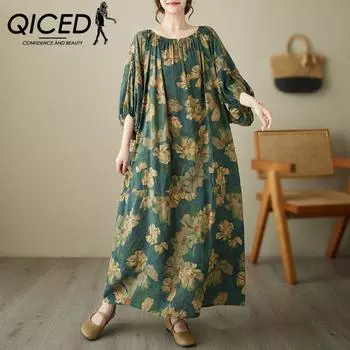 QICED Лето-Осенняя длинная юбка большого размера из литературного хлопка и льна с принтом, чтобы скрыть мясо, утягивающий праздничный ветровой халат, национальное ветровое платье для женщин