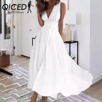 QICED Лето Весна Без Рукавов V-образный вырез Юбка Платье Женское Летнее Платье S белый