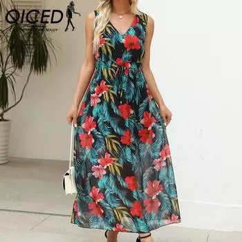 QICED Лето-Весна Платье без рукавов с v-образным вырезом и высокой талией на бретельках с цветочным принтом S