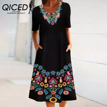 QICED Лето Весна Женская мода Позиционирование Печатный О-образный вырез Пятиточечный манжет Сумка Платье S