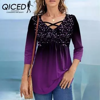 QICED Лето-Весна женская модная футболка с принтом и перекрещивающимися бретелями, семь рукавов S чёрный